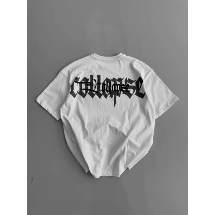 Baskılı Oversize Bisiklet Yaka T-shirt - Beyaz