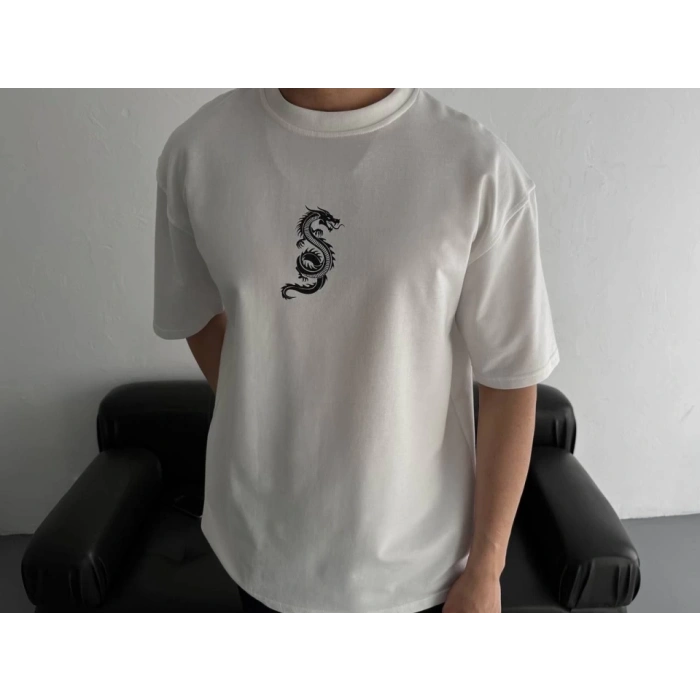 Baskılı Oversize Bisiklet Yaka T-shirt - Beyaz