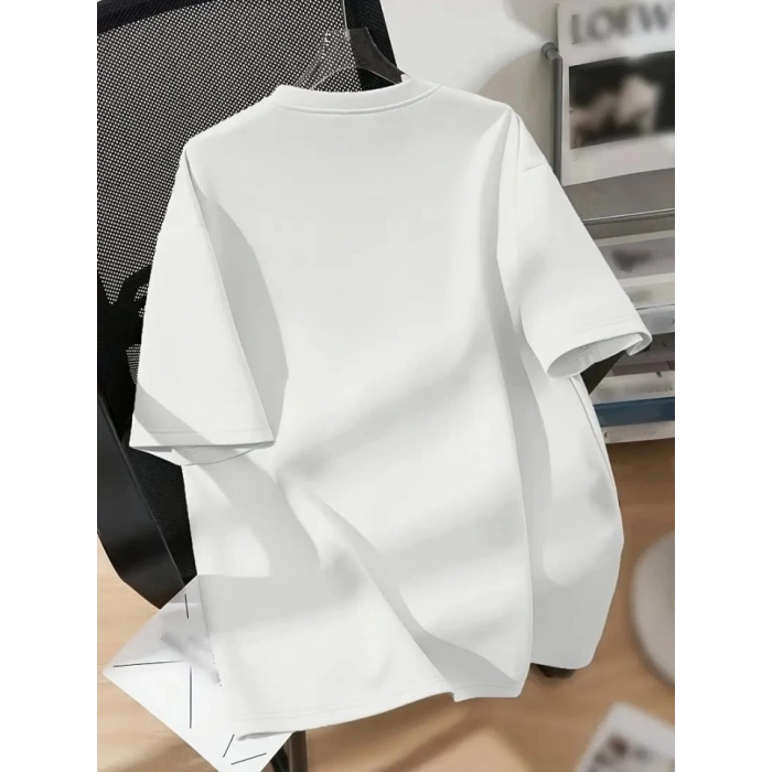 Baskılı Oversize Bisiklet Yaka T-shirt - Beyaz