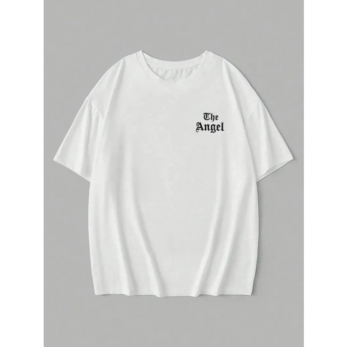 Baskılı Oversize Bisiklet Yaka T-shirt - Beyaz