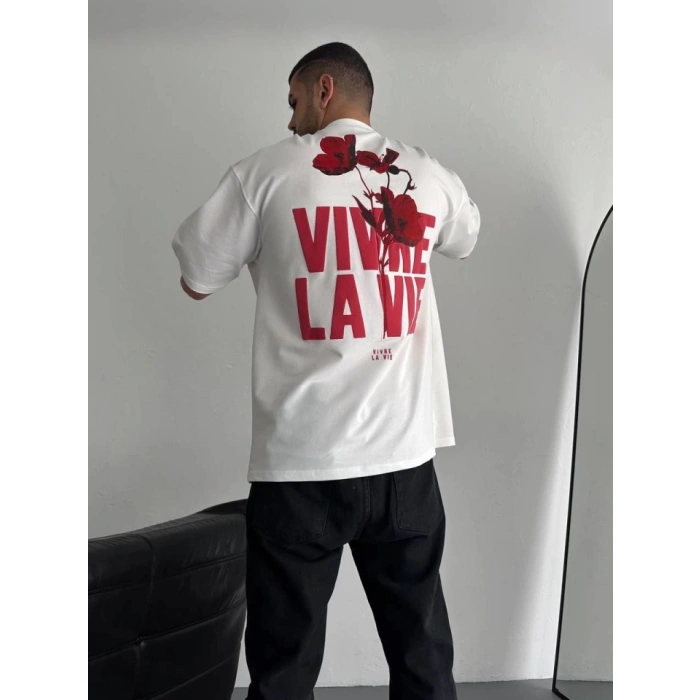 Baskılı Oversize Bisiklet Yaka T-shirt - Beyaz