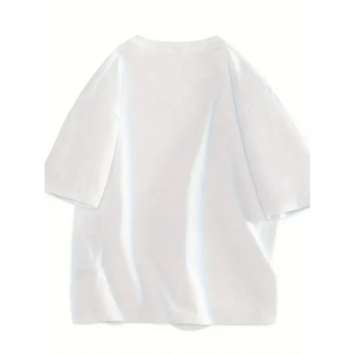 Baskılı Oversize Bisiklet Yaka T-shirt - Beyaz