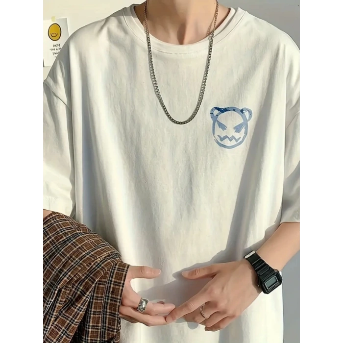 Baskılı Oversize Bisiklet Yaka T-shirt - Beyaz