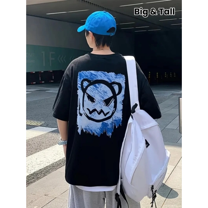 Baskılı Oversize Bisiklet Yaka T-shirt - Siyah