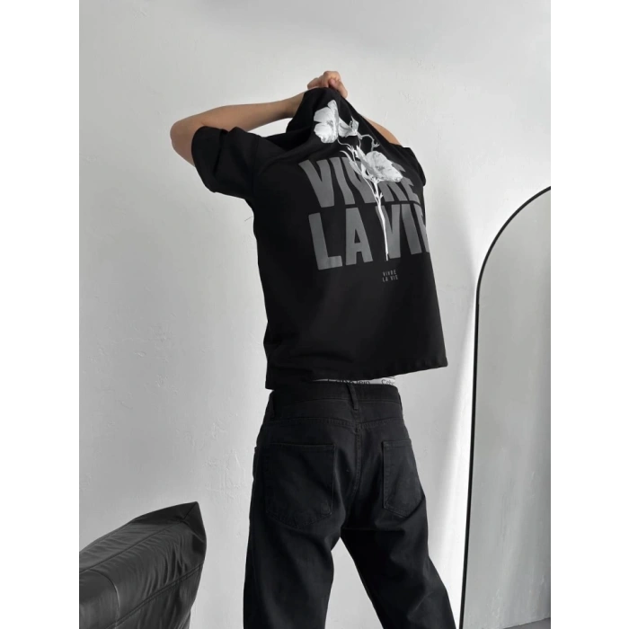 Baskılı Oversize Bisiklet Yaka T-shirt - Siyah