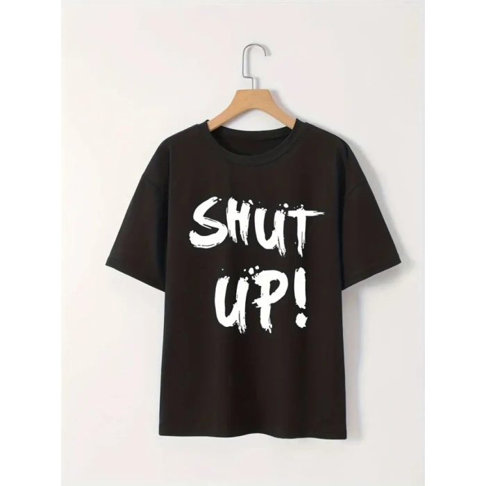 Baskılı Oversize Bisiklet Yaka T-shirt - Siyah