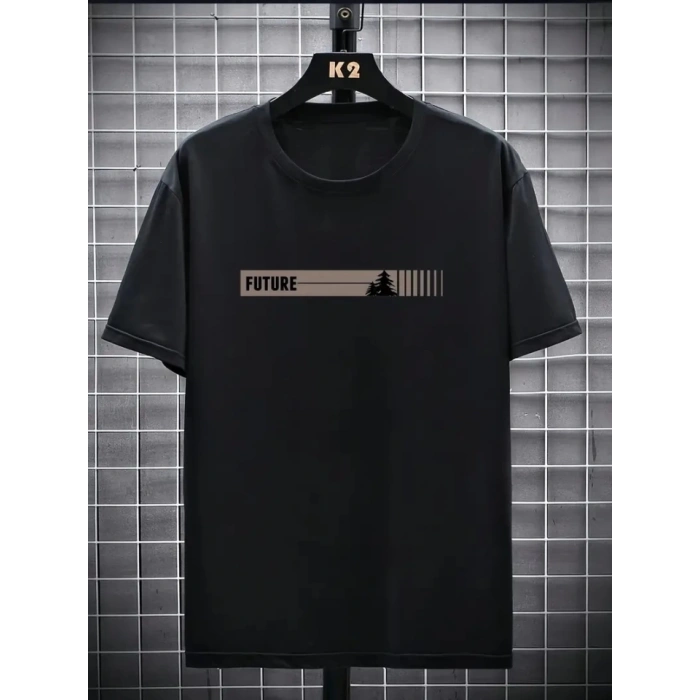 Baskılı Oversize Bisiklet Yaka T-shirt - Siyah