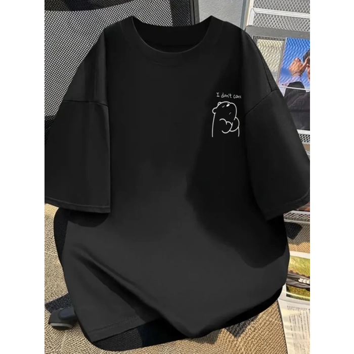 Baskılı Oversize Bisiklet Yaka T-shirt - Siyah