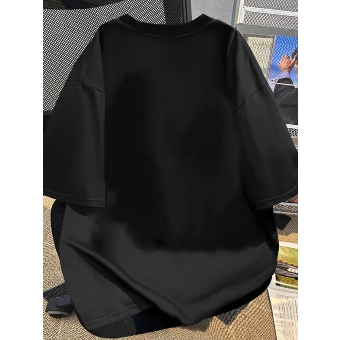 Baskılı Oversize Bisiklet Yaka T-shirt - Siyah