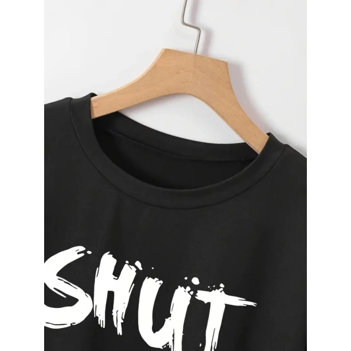 Baskılı Oversize Bisiklet Yaka T-shirt - Siyah