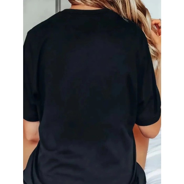 Baskılı Oversize Bisiklet Yaka T-shirt - Siyah