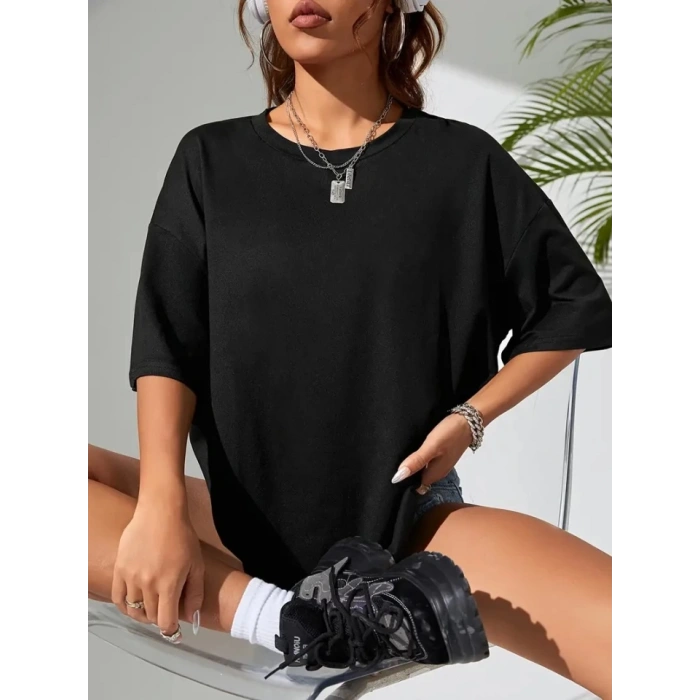 Baskılı Oversize Bisiklet Yaka T-shirt - Siyah