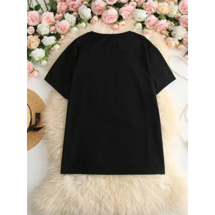 Baskılı Oversize Bisiklet Yaka T-shirt - Siyah