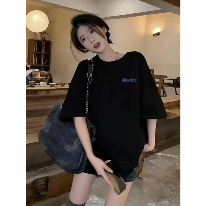 Baskılı Oversize Bisiklet Yaka T-shirt - Siyah