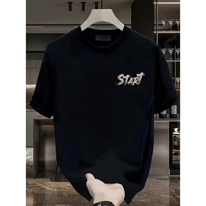 Baskılı Oversize Bisiklet Yaka T-shirt - Siyah