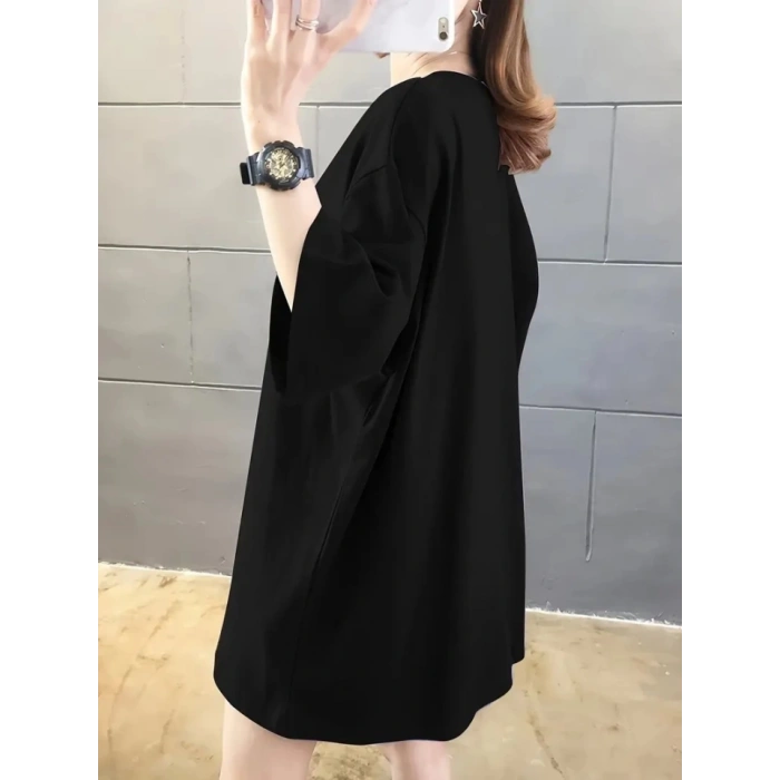 Baskılı Oversize Bisiklet Yaka T-shirt - Siyah