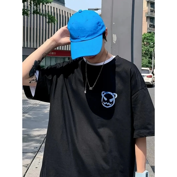 Baskılı Oversize Bisiklet Yaka T-shirt - Siyah