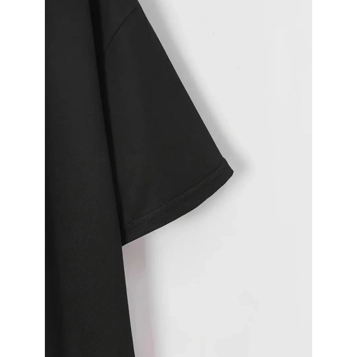 Baskılı Oversize Bisiklet Yaka T-shirt - Siyah