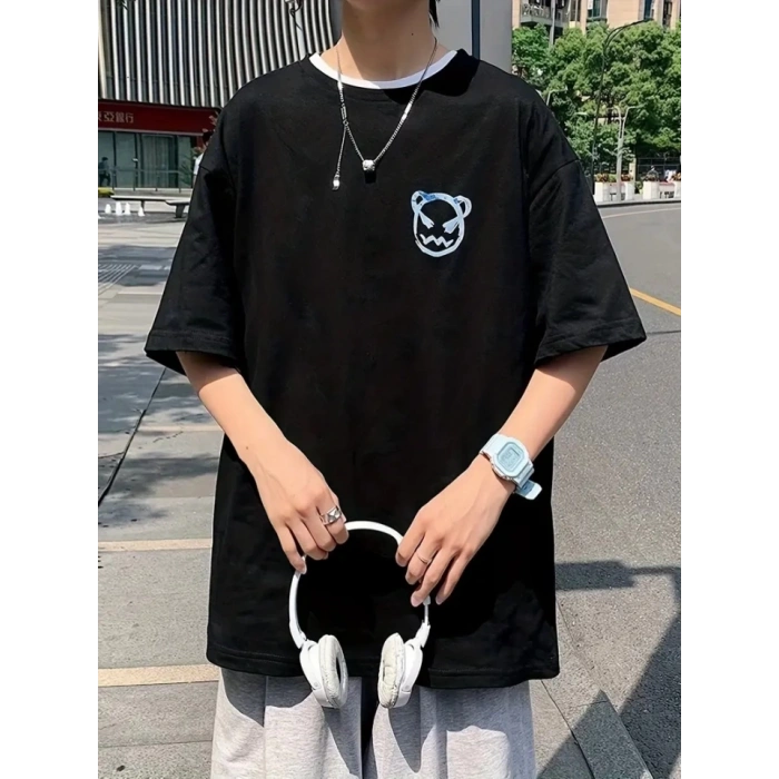 Baskılı Oversize Bisiklet Yaka T-shirt - Siyah