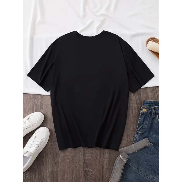 Baskılı Oversize Bisiklet Yaka T-shirt - Siyah
