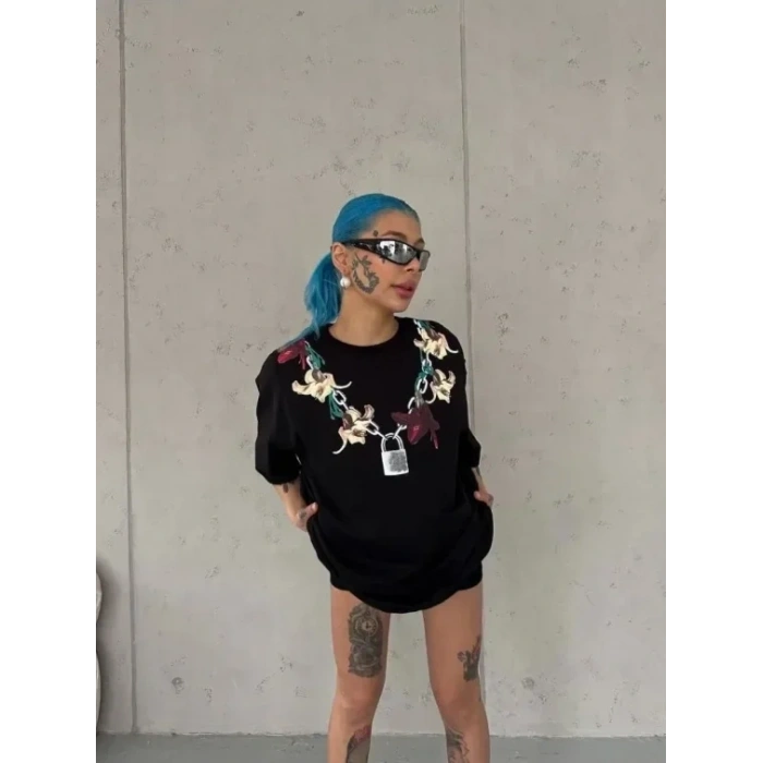 Baskılı T-Shirt Kısa Kol Bisiklet Yaka Regular Rahat Kalıp Günlük Tişört - Siyah