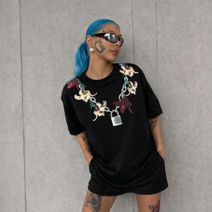 Baskılı T-Shirt Kısa Kol Bisiklet Yaka Regular Rahat Kalıp Günlük Tişört - Siyah