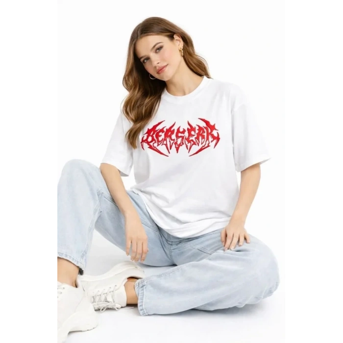 Baskılı T-Shirt Yazlık Kısa Kol Bisiklet Yaka Rahat Kalıp Tişört - Beyaz