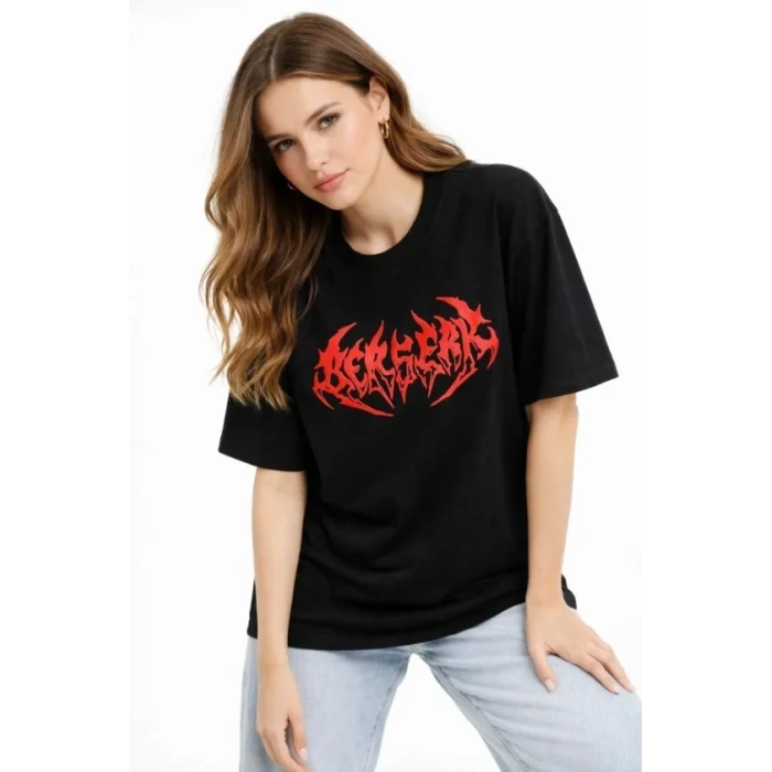 Baskılı T-Shirt Yazlık Kısa Kol Bisiklet Yaka Rahat Kalıp Tişört - Siyah