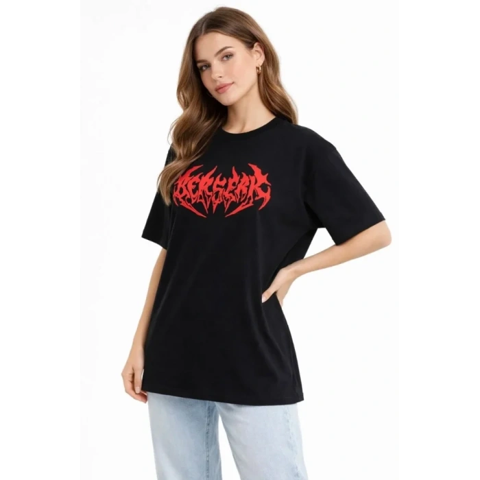 Baskılı T-Shirt Yazlık Kısa Kol Bisiklet Yaka Rahat Kalıp Tişört - Siyah