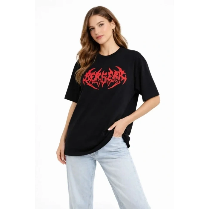 Baskılı T-Shirt Yazlık Kısa Kol Bisiklet Yaka Rahat Kalıp Tişört - Siyah