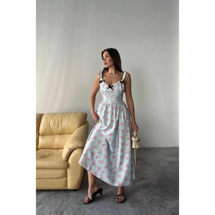 Bebe Mavi Önü Fiyonklu Çiçekli Elbise