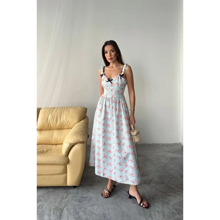 Bebe Mavi Önü Fiyonklu Çiçekli Elbise