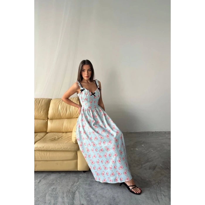 Bebe Mavi Önü Fiyonklu Çiçekli Elbise