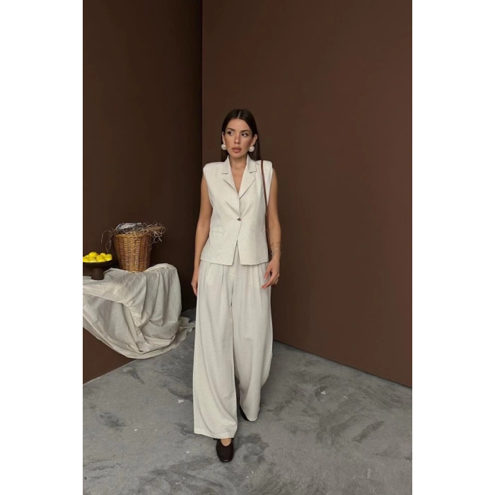 Bej Keten Yelek Pantolon Takım