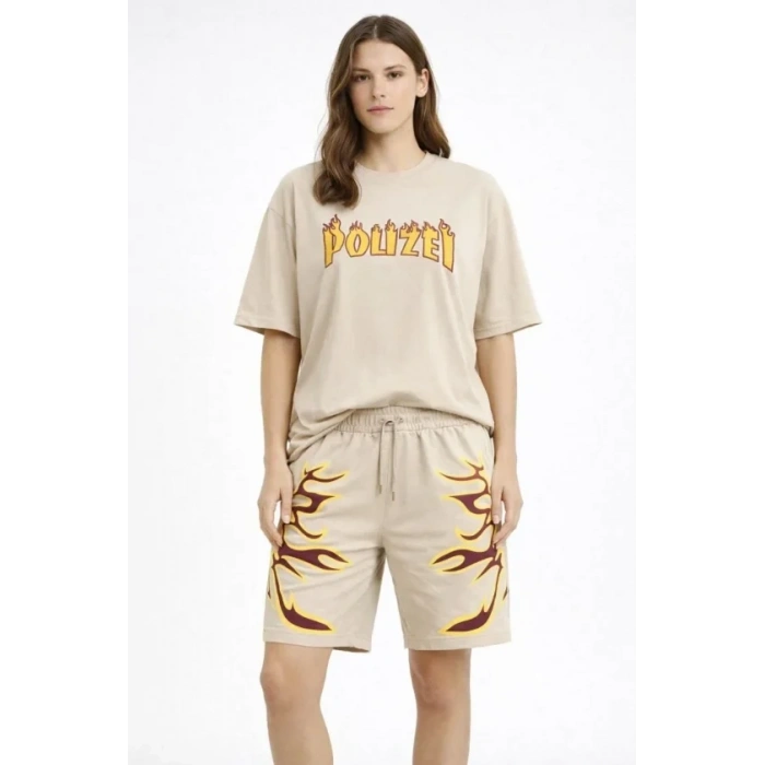 Bej Oversize Baskılı Tişört Şort Takım Cepli Şort Yazlık Rahat Günlük Kombin - Bej