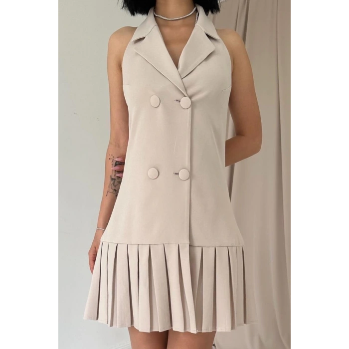 Bej Sırtı Açık Ceket Yakalı Elbise