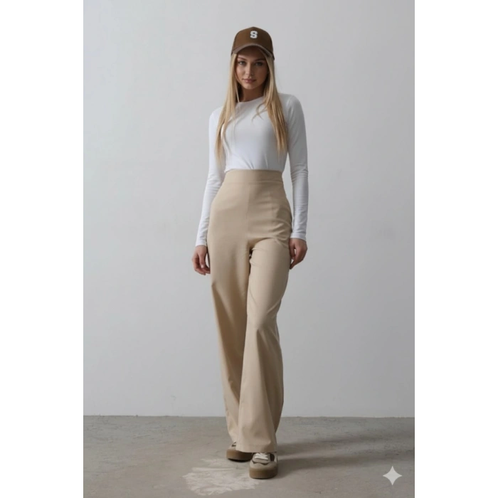 Beli Yarım Lastikli Palazzo Pantolon - Camel