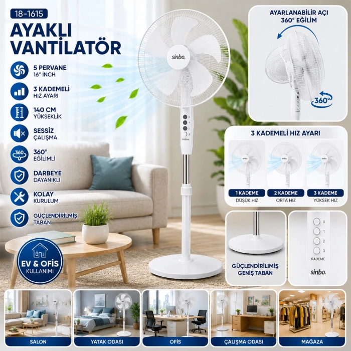 BEYAZ 5 PERVANE - 16 INC EV - OFİS KOMPAKT - SESSİZ - ÜÇ KADEME 140CM YÜKSEKLİK AYAKLI VANTİLATÖR SF-6789 (4940)