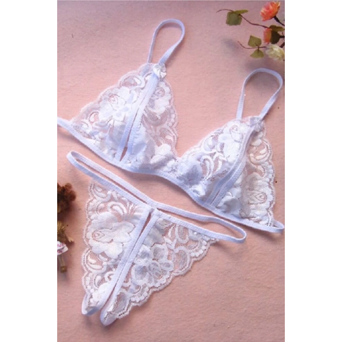 Beyaz Dantelli Fantazi Sütyen ve G-String Takımı TM2090