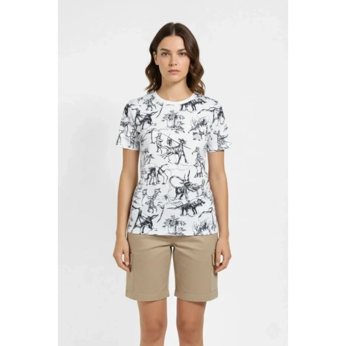 Beyaz Dinozor Desenli Tişört – Regular Kalıp, Bisiklet Yaka, Dijital Baskılı Pamuklu T-Shirt - Beyaz