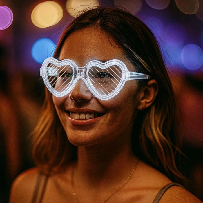Beyaz LED Işıklı Kalp Gözlük – 3 Modlu Parti - Glow Gözlüğü (4940)