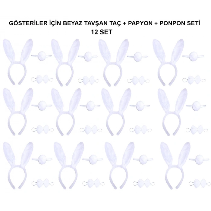 Beyaz Tavşan Kostüm Seti – Taç, Papyon, Kuyruk (12’li Paket) (4940)