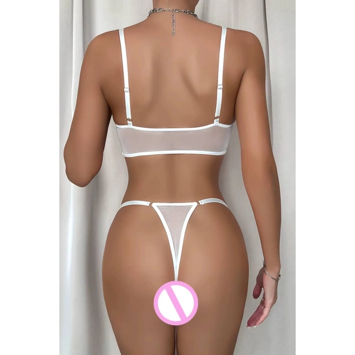 Beyaz Transparan Tül Bralet Tanga İç Giyim Takımı TM1388