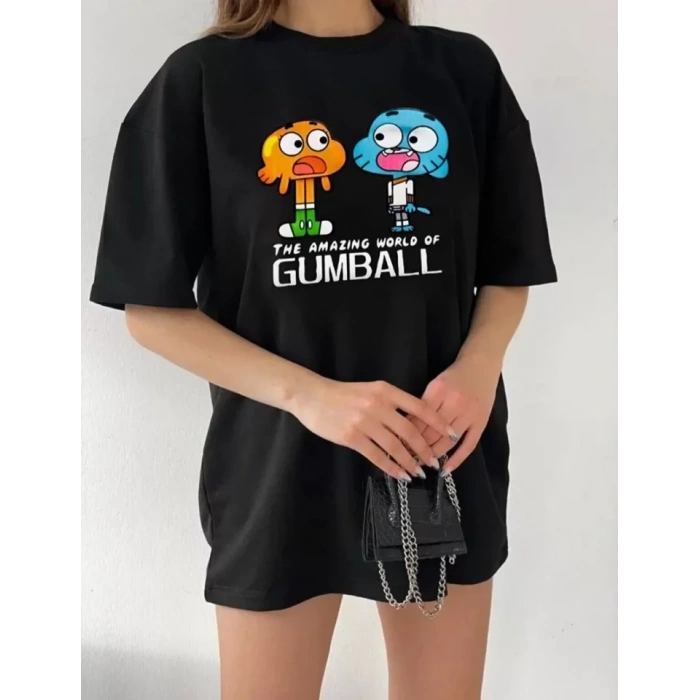 Bisiklet Yaka Baskılı Oversize T-Shirt - Siyah