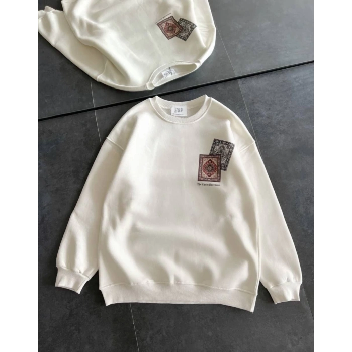 Bisiklet Yaka Baskılı SweatShirt - Beyaz
