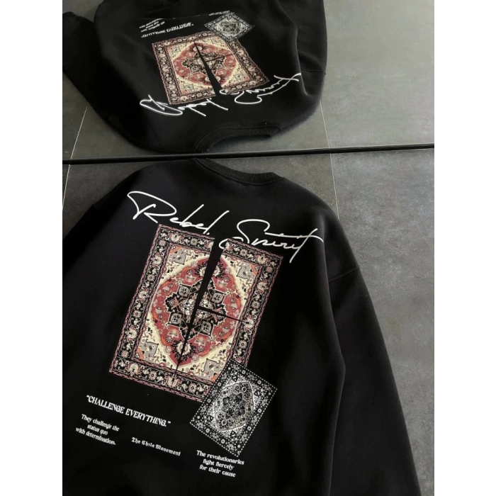 Bisiklet Yaka Baskılı SweatShirt - Siyah