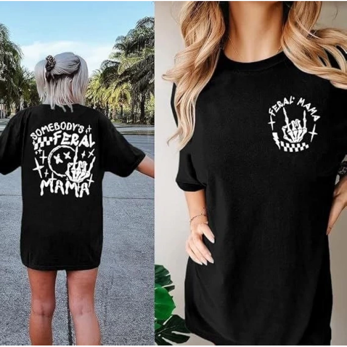 Bisiklet Yaka Baskılı T-shirt - Siyah