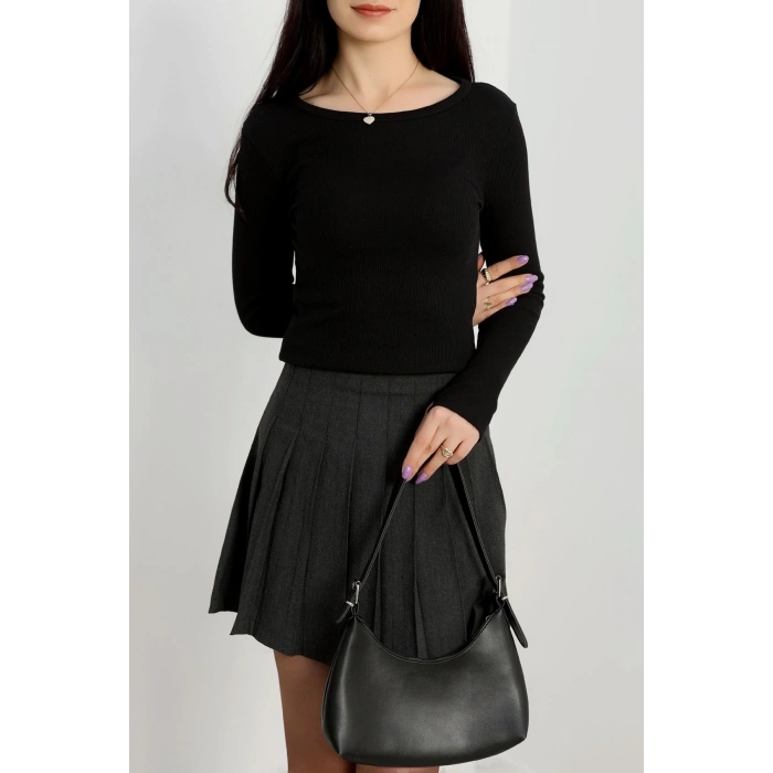 Bisiklet Yaka Parmak Geçmeli Kaşkorse bluz siyah a3829