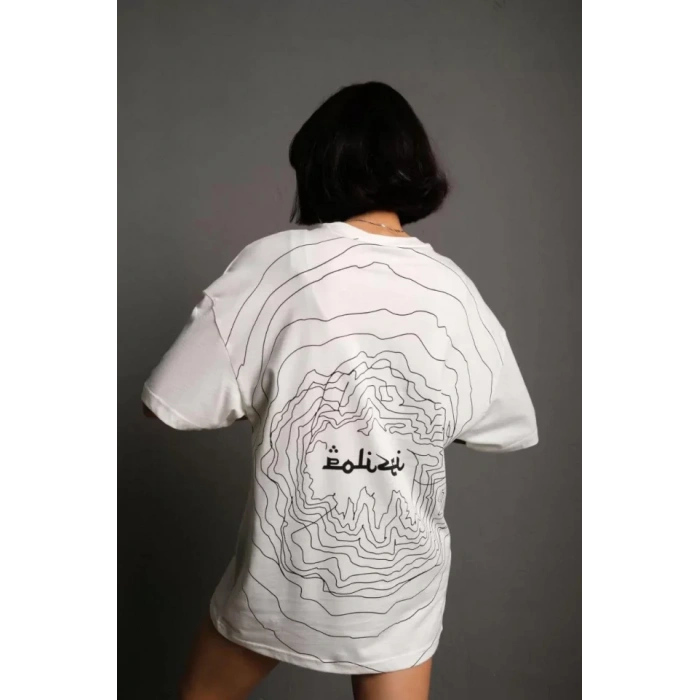 Bisiklet Yakalı Sırt Baskılı Oversize T-Shirt - Beyaz