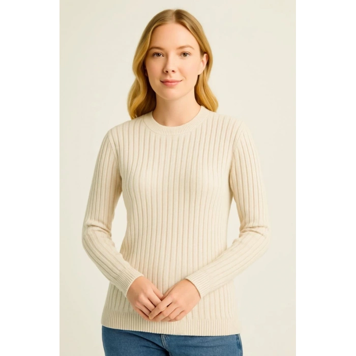 Bisiklet Yuvarlak Yaka Triko Kazak Pamuklu Kalın Fitilli Dokuma, Regular Fit Uzun Kollu Kışlık Model - Bej